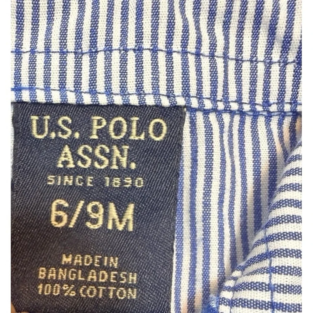 Boys U.S. Polo Assn. blue plaid summer romper. Size 6/9 months. Horse logo.